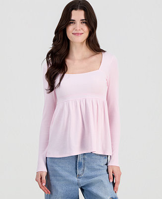 Madden Girl Juniors' Long Sleeve Ribbed Babydoll Top - Macy's | Macy's