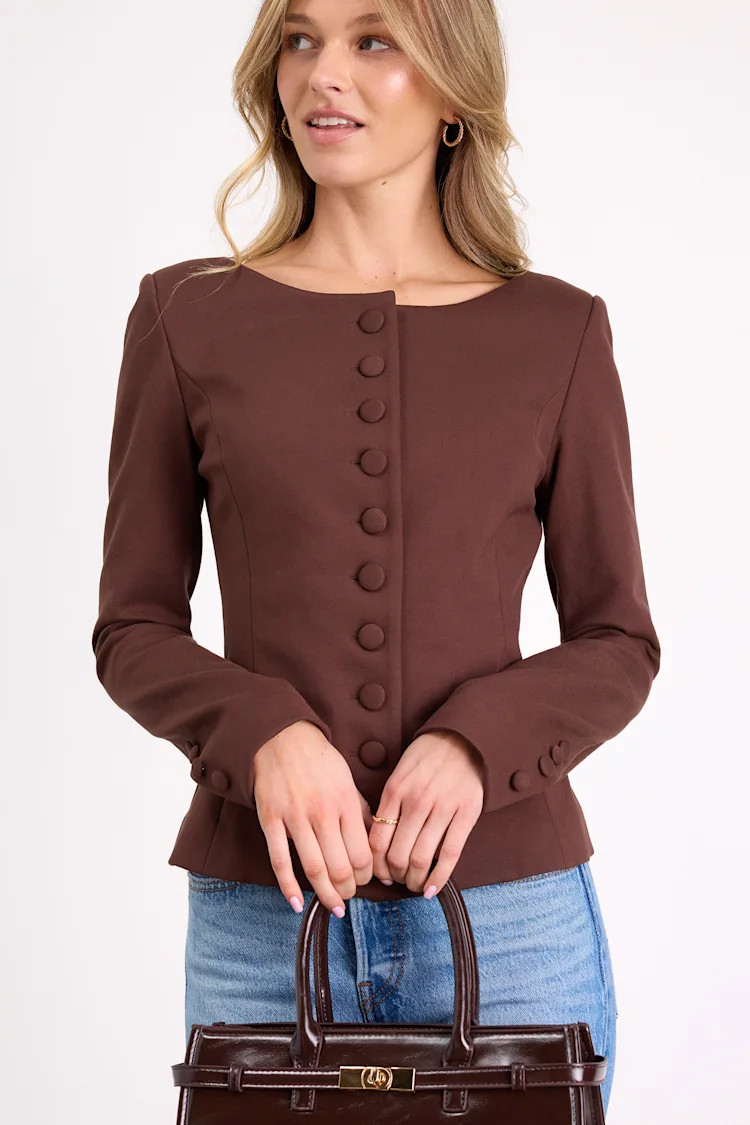 Risha Dark Brown Button-Front Blazer | Lulus