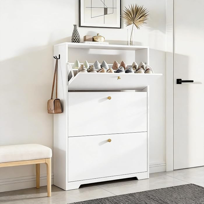 Shoe Cabinet with 3 Flip Drawers, Modern Entryway Organizer, White | Amazon (US)