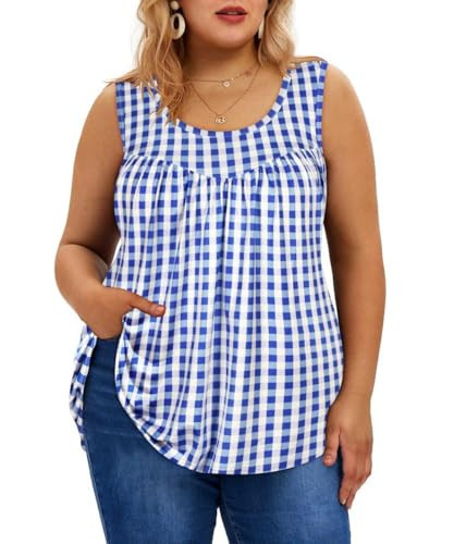 TIYOMI Plus Size Women's Blue & White Gingham Tank Tops 2X Crewneck Tops Summer Pleated Swing Plaid Camisole Flowy Dressy Tanks 2XL 18W 20W | Amazon (US)