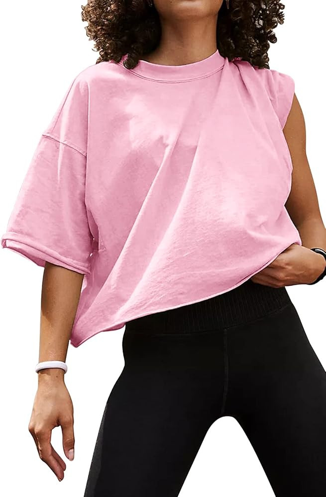Women's Oversize Workout Crop Tops Casual Short Sleeve Drop Shoulder Boxy T-Shirts Roll Hem Basic... | Amazon (US)