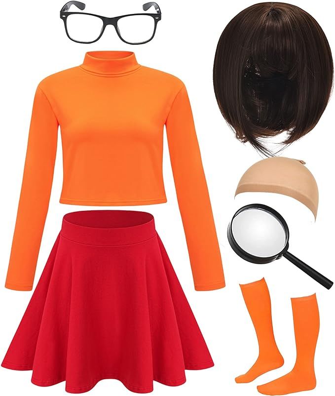 HMPRT Halloween Costume for Women,Brown Bob Wig,Long Sleeve Turtleneck Crop Top,Skater Skirt | Amazon (US)