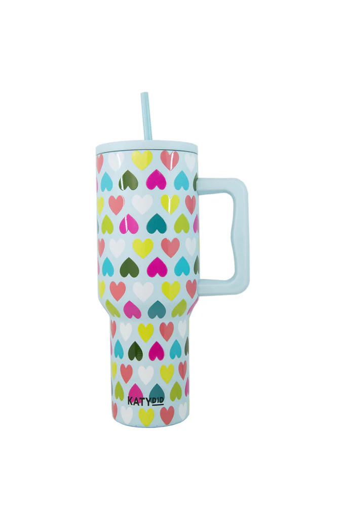 Multicolored Hearts Mint Tumbler Cup w/ Handle | Katydid.com