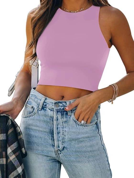 REORIA Women's Sexy Sleeveless Racer Back Tank Tops Halter Neck Crop Tops | Amazon (US)