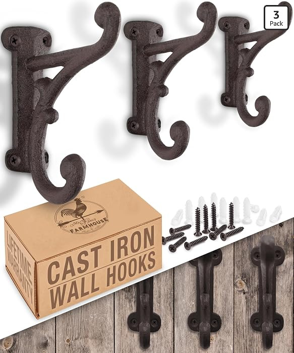 Rustic Cast Iron Coat Hooks (3 Pack) Rustic Dark Brown, Wall Mounted, Farmhouse Decorative, Heavy... | Amazon (US)