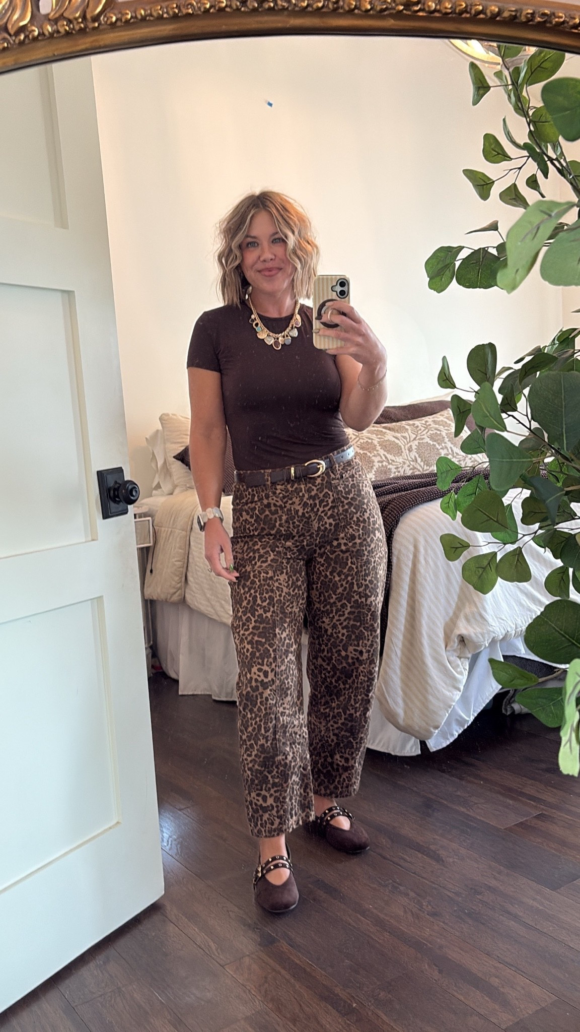Summer to fall ootd
Loving leopard still and these slightly barrel leopard jeans are so
Good! I just paired it with a basic brown fitted tshirt and accessorized the a statement necklace, a brown belt and some brown ballet flats. 
#ootd #outfitidea #outfitinspo #summertofalloutfit #falloutfit #casualoutfit #targetaccessories #targetfinds #targetfashion #amazonfashion #amazonfinds #affordablefashion

#LTKootd #LTKSeasonal #LTKOver40