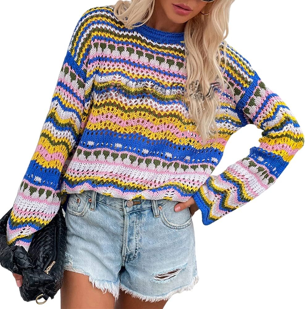 Sweaters for Women Long Sleeve Rainbow Stripes Y2k Crochet Pullover Sweater Tops Fall Winter Jump... | Amazon (US)