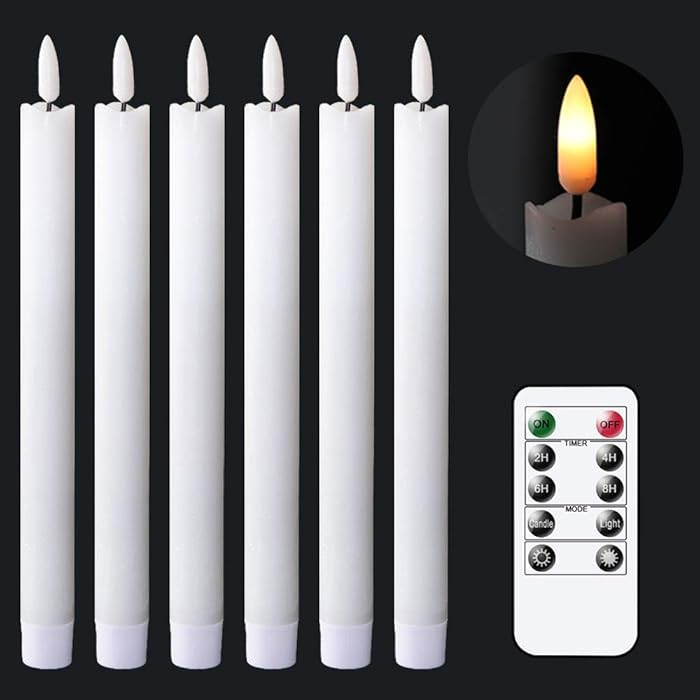 GenSwin Flameless White Taper Candles Flickering with 10-Key Remote, Battery Operated Led Warm 3D Wick Light Window Candles Real Wax Pack of 6, Christmas Home W… | Amazon (US)
