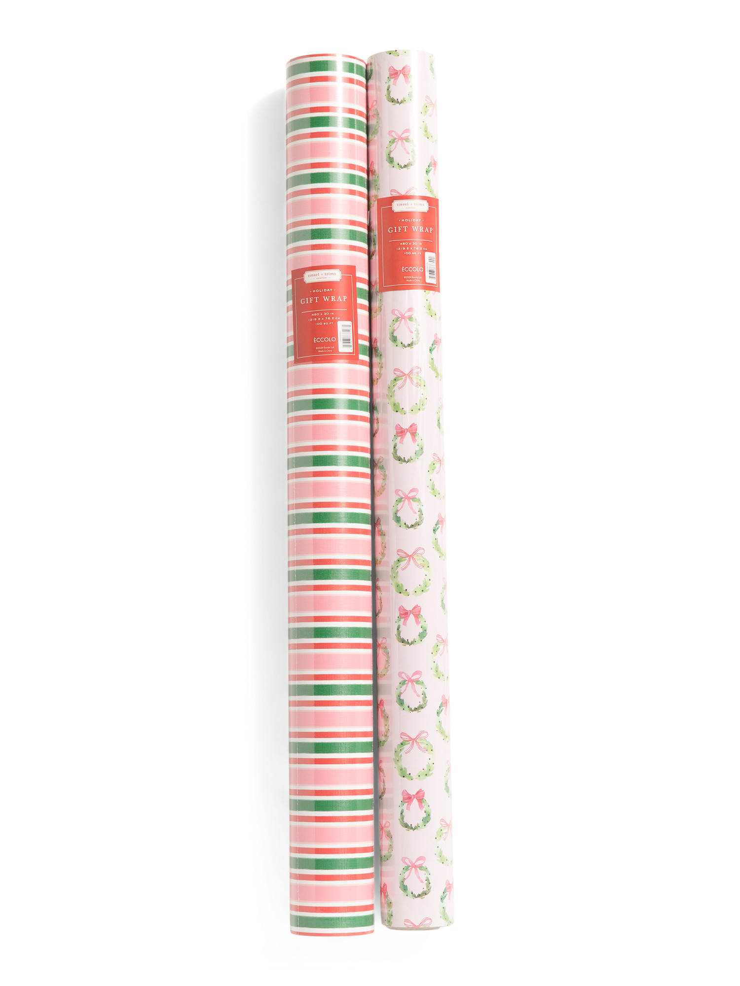 2pk Wreath Bows Embossed Stripe Christmas Wrapping Paper Rolls | TJ Maxx
