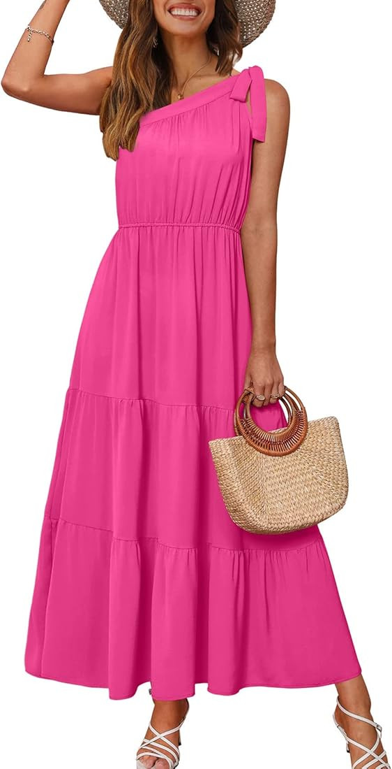 NIASHOT Maxi Dress for Women One Shoulder Ruffle Summer Sleeveless Dresses Flowy | Amazon (US)