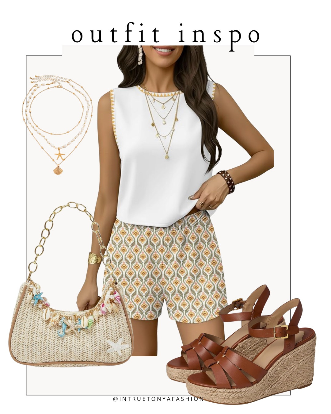 2 piece matching set, stacked necklaces, seashell purse, and brown wedge heels 






vacation outfits, tropical outfits, beach outfits, beach clothes, resort wear 2026, summer outfits, beach vacation outfit, coastal necklace, date night outfit,

#LTKootd #LTKSaleAlert #LTKPetite