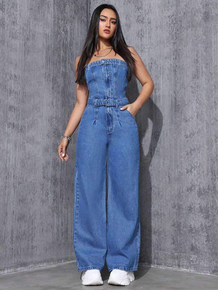 Women's Denim Jumpsuit With Diagonal Pockets And Strapless Design | SHEIN