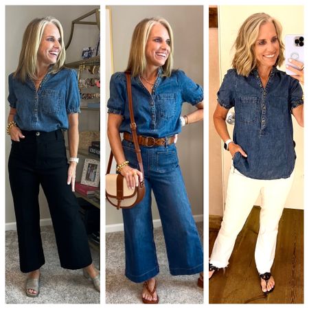 Cutest, most versatile denim shirt!!! 
20% off when you spend $100 today at Anthropolgie 
I’m wearing XS 
Black pants are the most comfortable (wearing 27) Great for work or play 
Use LISAXSPANX on wide leg jeans (small)

#LTKOver40 #LTKSaleAlert #LTKStyleTip