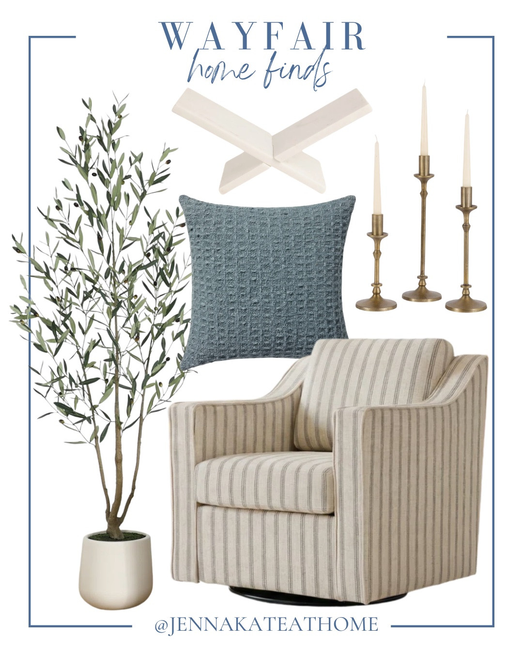 Wayfair home finds include candlestick holders, accent chair, throw pillow, book holder, and faux tree.

Home decor, looks for less, coastal home, styled home

#LTKSaleAlert #LTKHome #LTKSeasonal