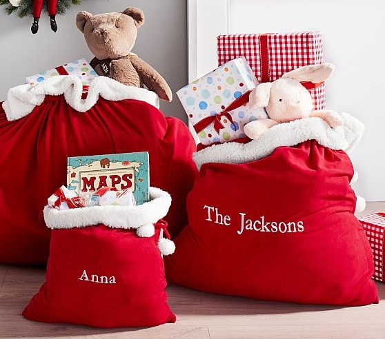 Red Fleece Santa Bags | Pottery Barn Kids