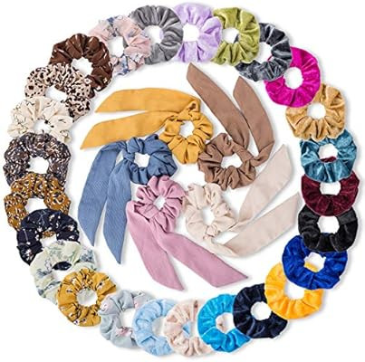 30 Pcs Hair Scrunchies, 15 Pcs Velvet Elastics Bobbles Hair Bands, 10 Pcs Chiffon Flowers Elastic... | Amazon (US)