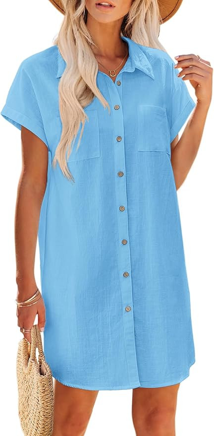 Zeagoo Women's Summer Dress 2025 Cotton Button Down Short Sleeve Tshirt Dresses Casual Flowy V Ne... | Amazon (US)