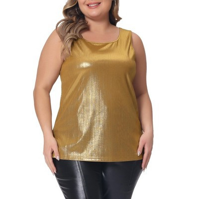 Women's Plus Size Shiny Metallic Round Neck Sleeveless Party Tank Tops - Agnes Orinda 4X Gold | Target