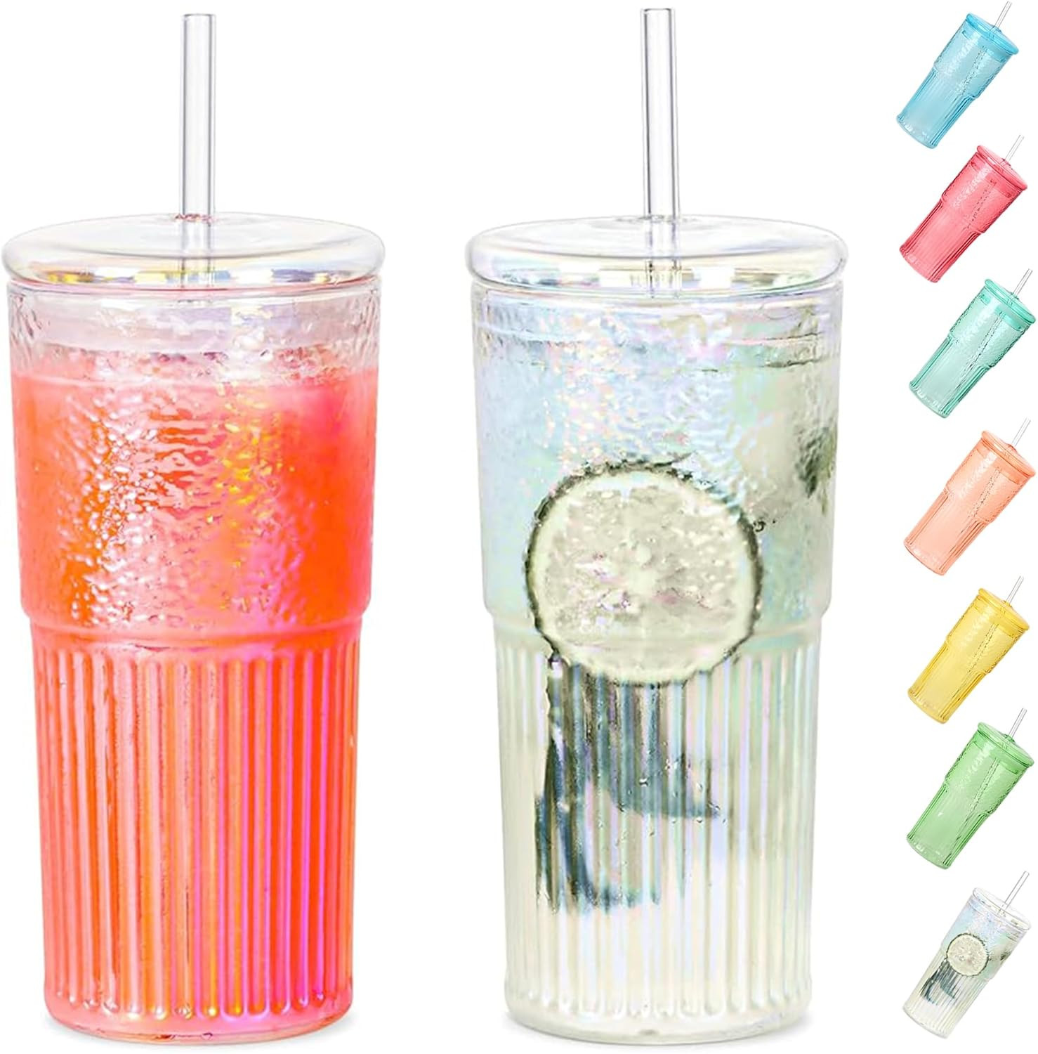 Colorful High Borosilicate Glass Cups With Lids and Glass Straws，20 OZ Rainbow Iced Coffee Wate... | Amazon (US)
