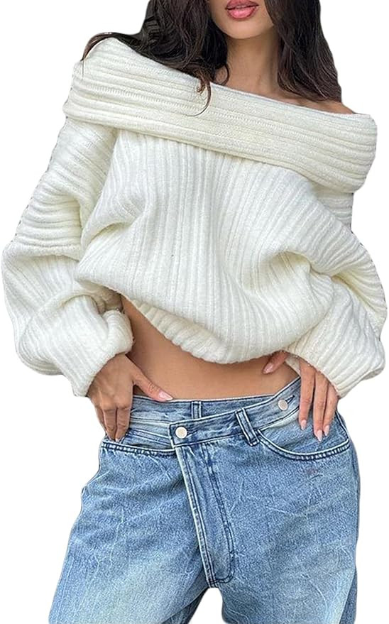 LETSVDO Women's Off The Shoulder Sweater Oversized Batwing Sleeve Knit Asymmetrical Chunky Slouch... | Amazon (US)