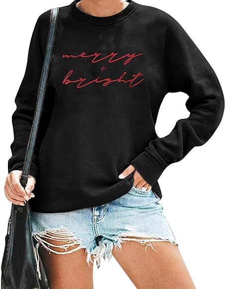 MOUSYA Christmas T-Shirt Women Merry Bright Colorful Letter Printed Sweatshirt Casual Long Sleeve... | Amazon (US)