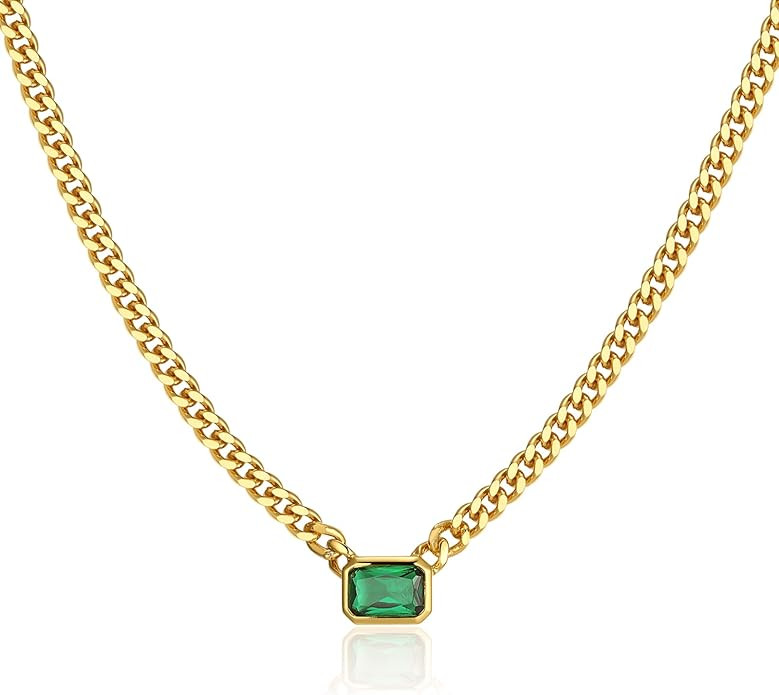 espere Baguette CZ Necklace | Emerald Cut Pendant Cuban Link Chain Choker 14'' with 2'' Extender | Amazon (US)