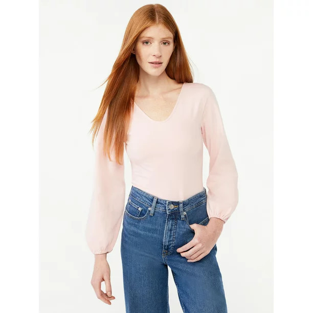Free Assembly Women's V-Neck Bodysuit with Blouson Sleeves - Walmart.com | Walmart (US)