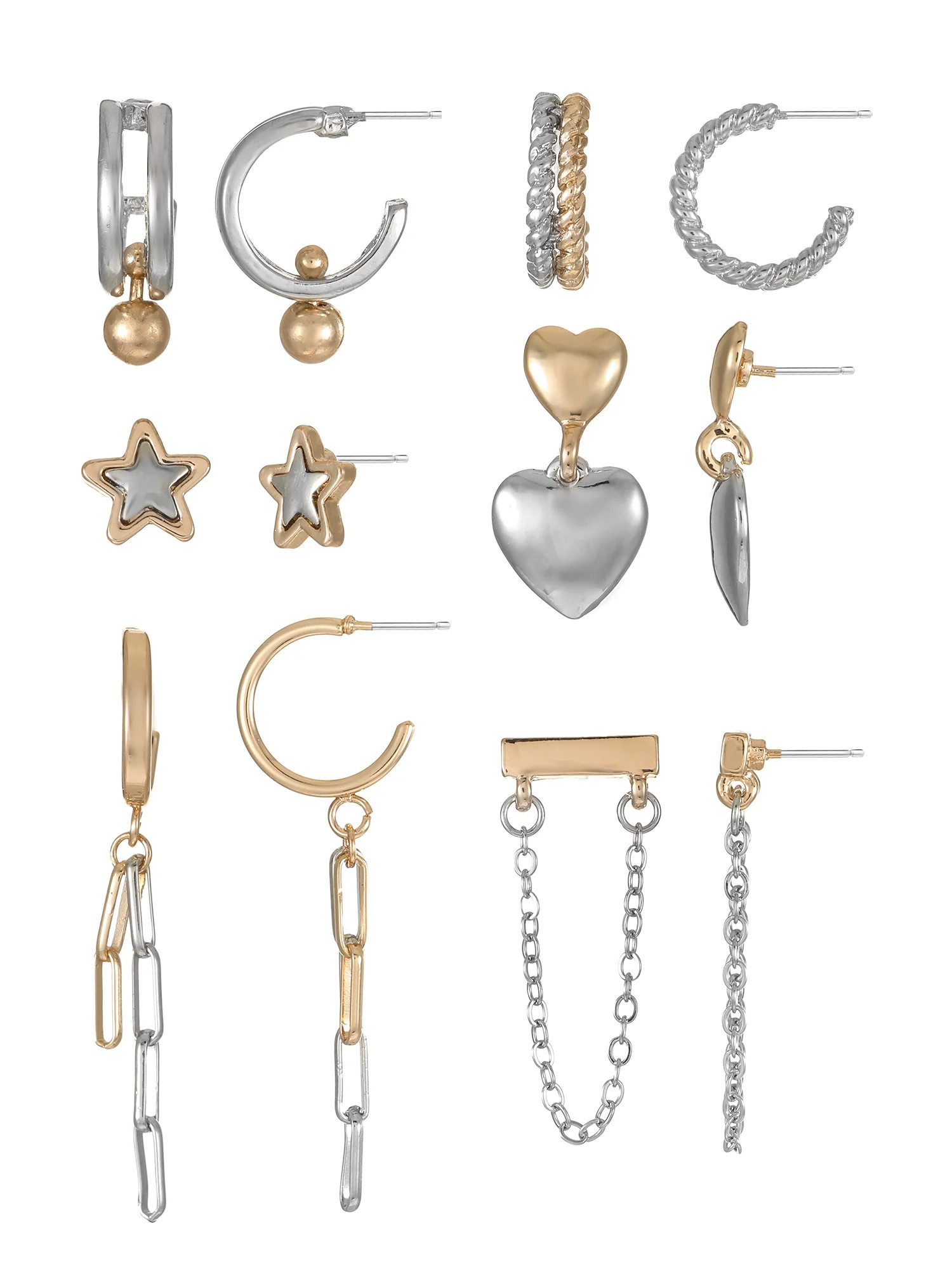 No Boundaries Mixed Gold-Tone and Silver-Tone Earring Set with Studs and Mini Hoops, 6-Pack, Wome... | Walmart (US)