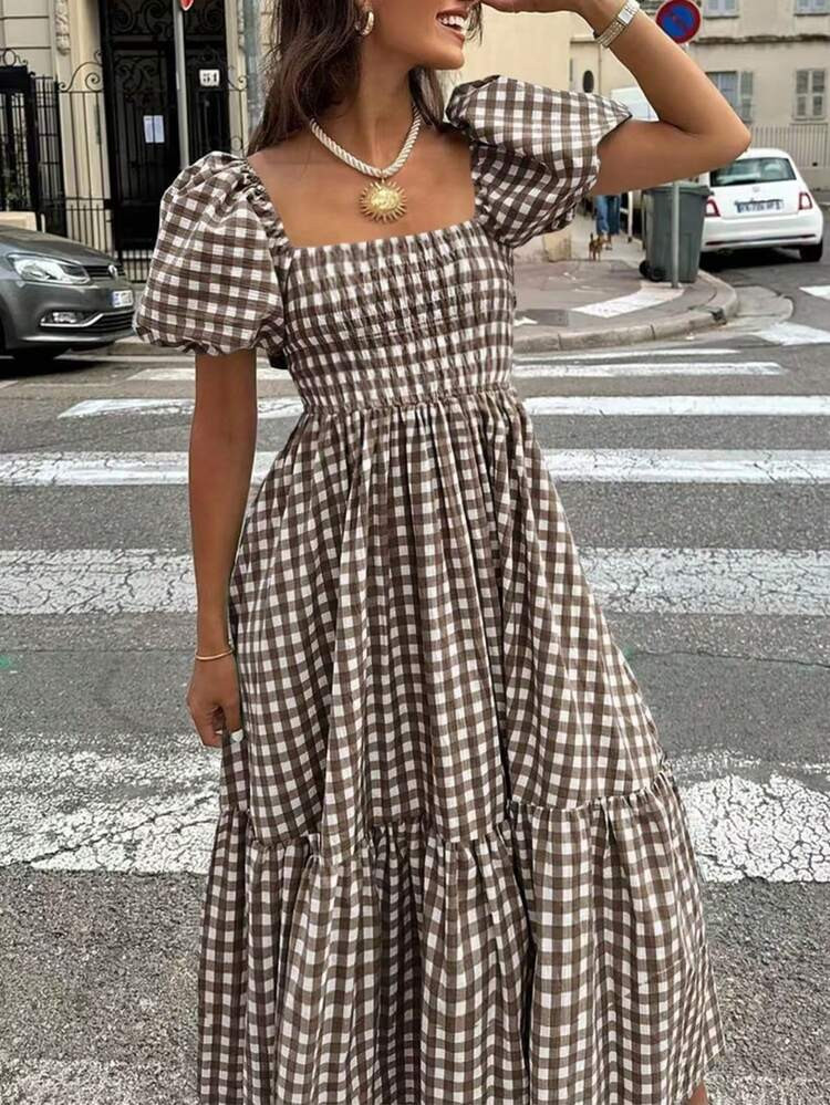 2026 Spring & Summer Women's Plaid Elegant Bohemian Casual Puff Sleeve Ruffle Hem Pleated Coffee Color Dress, Women's Concert Outfit, Street Style, Women's Valentine's Day Outfit | SHEIN