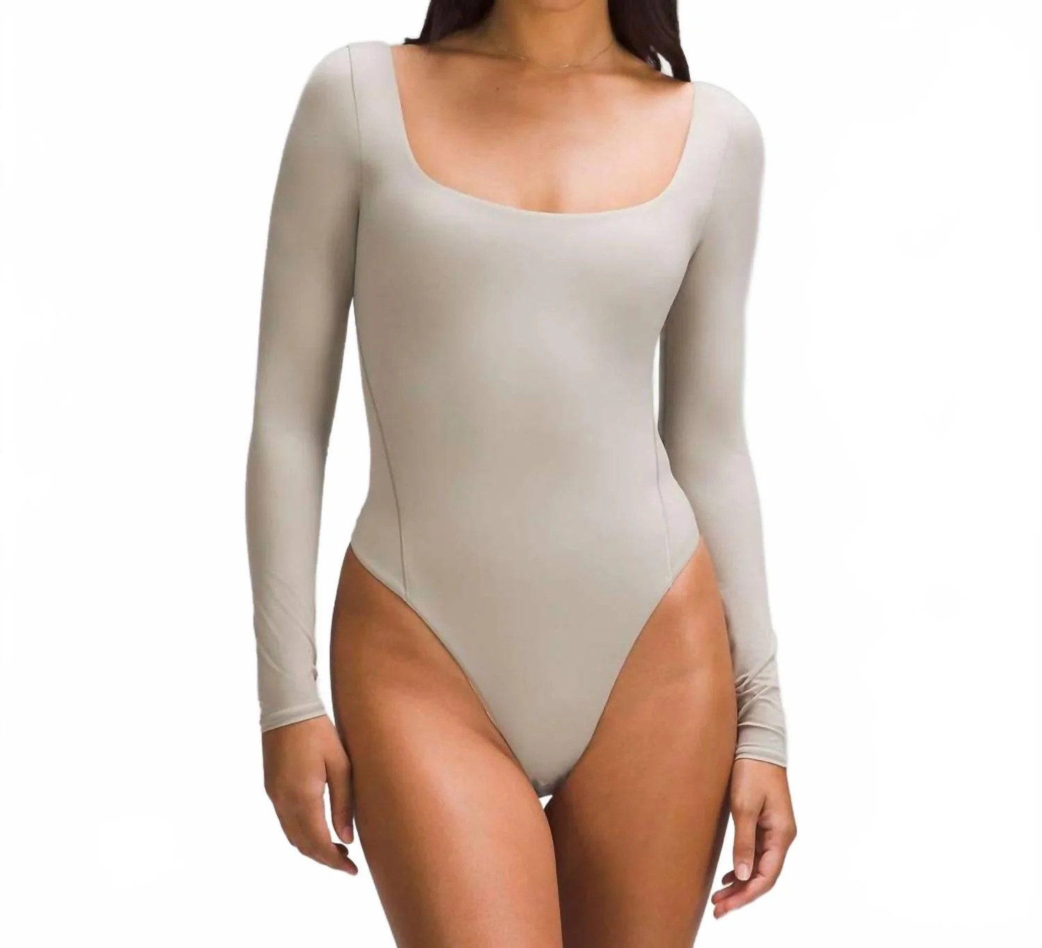 Wundermost Ultra-Soft Nulu Square-Neck Long-Sleeve Bodysuit In River Stone | Shop Simon