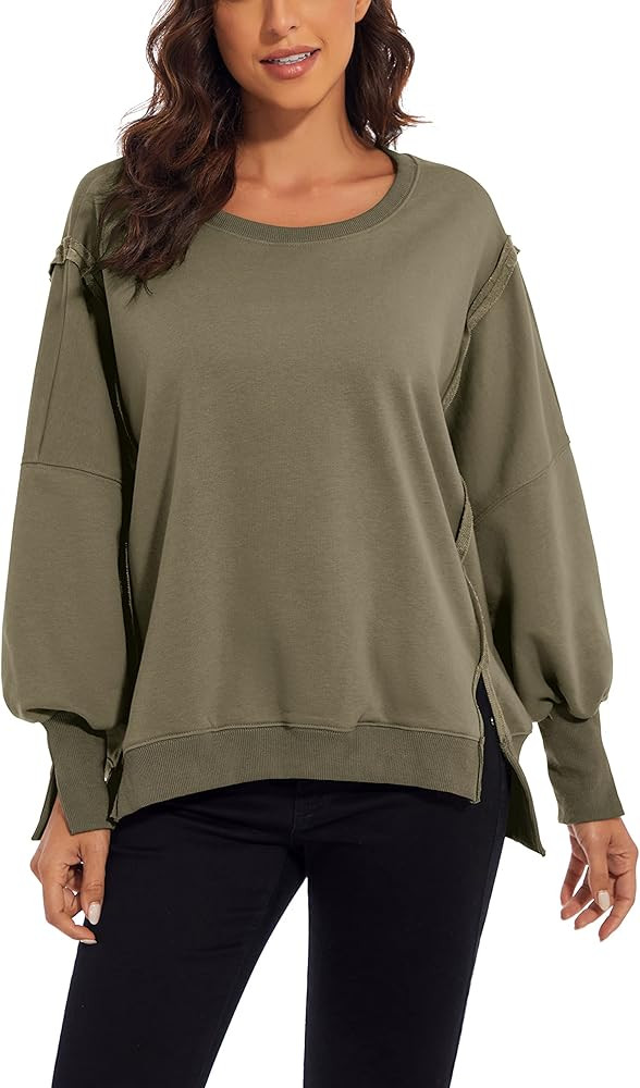 MISSACTIVER Women’s Oversized Contrast Patchwork Sweatshirt Casual Side Split High Low Hem Boyf... | Amazon (US)