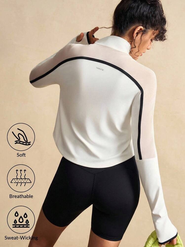VARSITIE Camiseta deportiva de manga larga con cuello alto, media cremallera y parches de malla d... | SHEIN