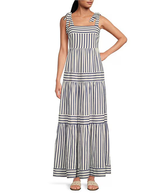 Stripe Print Square Neck Tie Strap Tiered A-Line Flounce Maxi Dress | Dillard's