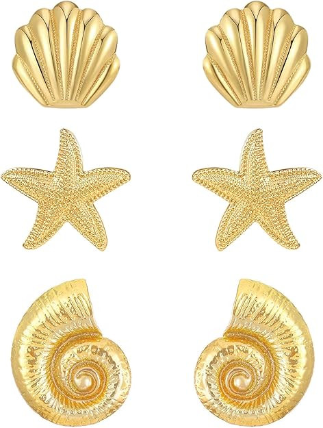 Amazon.com: 3 Pairs Beach Earrings for Women 14K Gold Statement Earrings Summer Ocean Jewelry Sta... | Amazon (US)