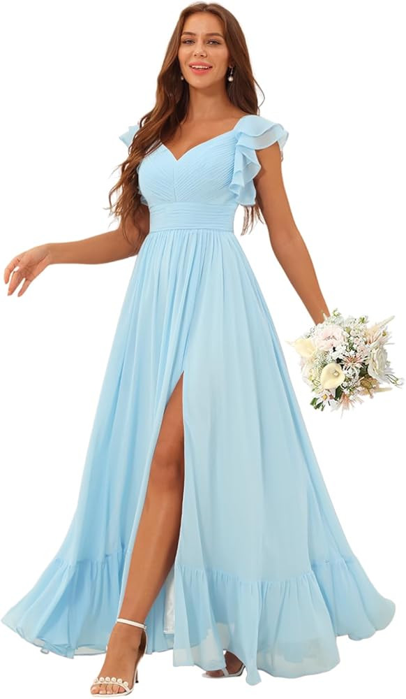 Clothfun Women's Ruffle Sleeves Bridesmaid Dresses Long A Line Chiffon Formal Party Dress with Po... | Amazon (US)