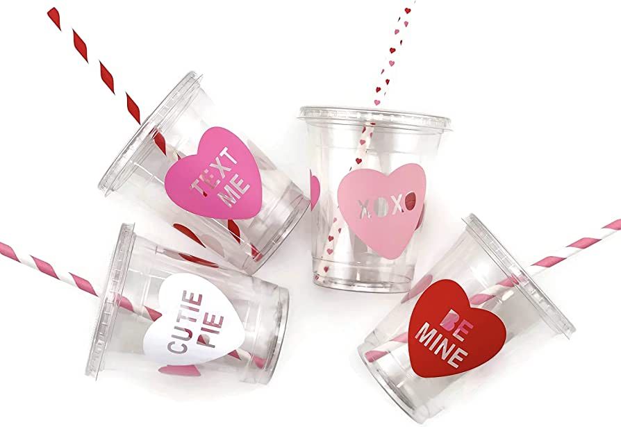 Pink Red Valentines Day Party Cups - 12 Set Plastic Lid Straws Supplies Decorations Favor | Amazon (US)
