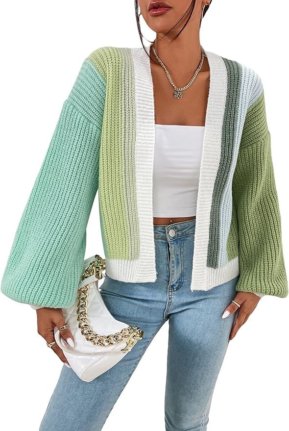 SHENHE Women's Color Block Open Front Long Sleeve Ribbed Knit Cropped Cardigan Sweaters | Amazon (US)