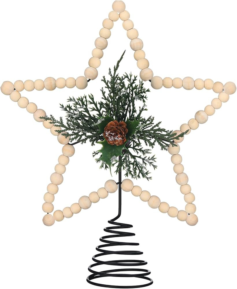 Gejoy Christmas Beaded Star Tree Topper Farmhouse Rustic Decoration with Berries Pine Cones Neutr... | Amazon (US)