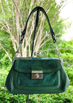Coach SMALL Vintage 9734 Gallery Y2K Hunter Green Leather & Suede Kiss Lock Bag | eBay US