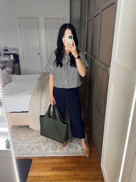 Striped button up shirt (XS)
Navy pants (4P)
Navy Wide Leg Pants 
Olive green tote bag
Cuyana System tote bag 
Tan pumps (1/2 size up)
Smart casual outfit 
Business casual outfit 
Spring outfit 
Spring work outfit 
Teacher outfit

#LTKstyletip #LTKworkwear #LTKsalealert