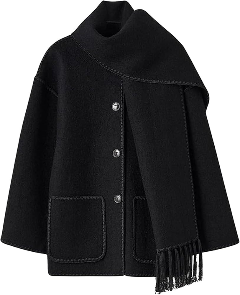 Aumude Women's Oversized Embroidered Scarf Jacket Crewneck Wool Coat Long Sleeve Tassel Scarf Coa... | Amazon (UK)