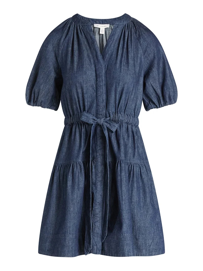 Free Assembly Women's Denim Tiered Mini Dress with Puff Sleeves, Sizes XS-XXL - Walmart.com | Walmart (US)