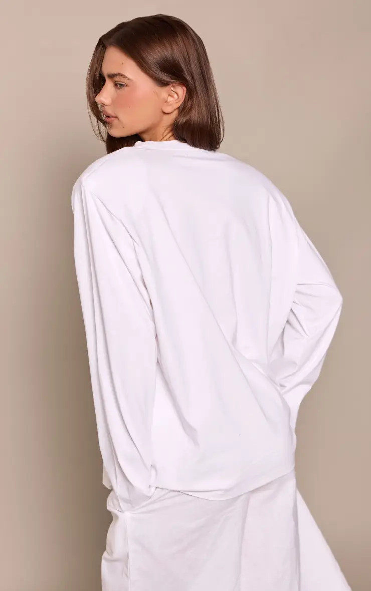White Cotton Shoulder Pad Long Sleeve Oversized T-Shirt | PrettyLittleThing UK