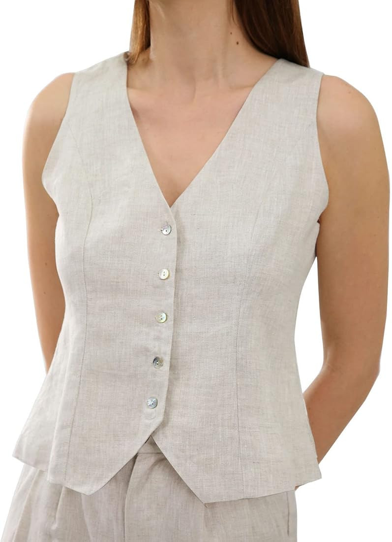 Amazhiyu Womens Pure Linen Sleeveless Button Down V Neck Crop Top Summer Vest Waistcoat | Amazon (US)