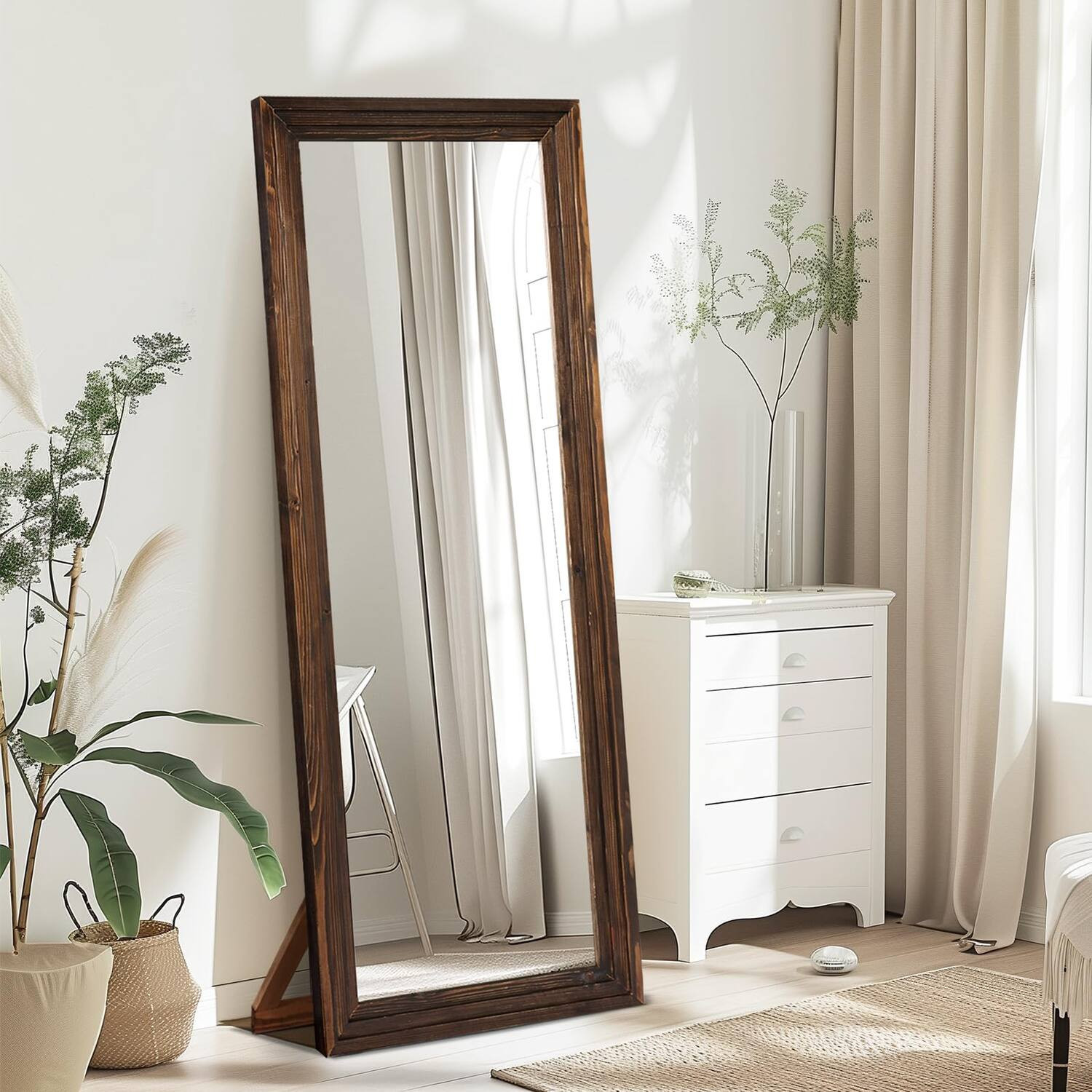 Refined Abode Design - Full Length Mirror Solid Wood Frame Floor With Stand For Living Room Bedroom Hanging Standing Or Leaning - Brown 65""L x 22""W | Best Buy U.S.