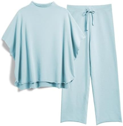 Women's Two Piece Outfits 3/4 Batwing Sleeve Capelet Crew Neck Pullover Top Wide Leg Pants Lounge... | Amazon (US)