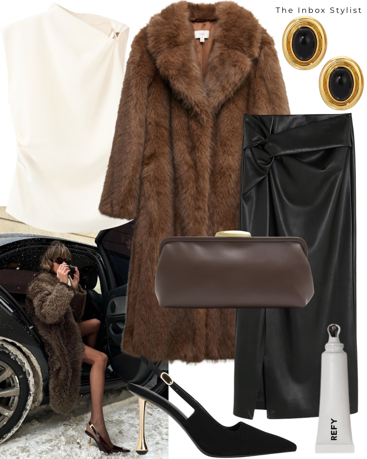 Keep warm during the winter nights ❄️

Including faux fur coat, leather midi skirt, cream silk top, gold stud earrings, brown clutch bag, lipgloss, heels with gold heel  

#LTKwinter #LTKpartywear #LTKfestive