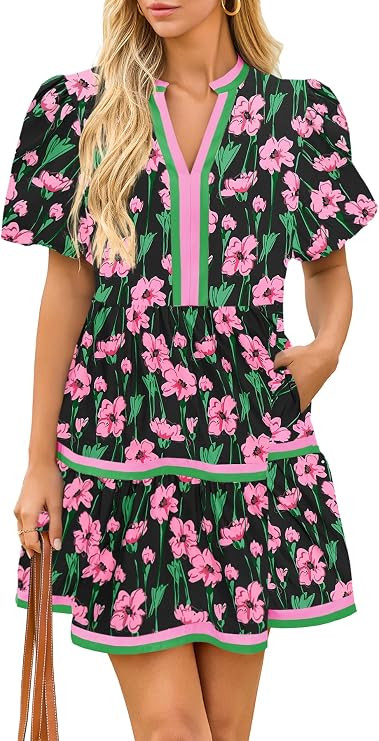 Cicy Bell Womens V Neck Floral Mini Dress Short Puff Sleeve Patchwork Summer Casual Boho Dresses | Amazon (US)
