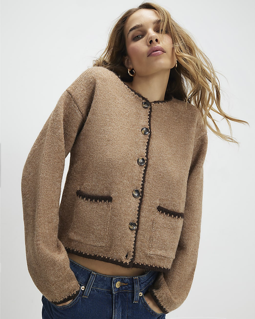 Brown Knitted Long Sleeve Whipstitch Cardigan | River Island UK & IE