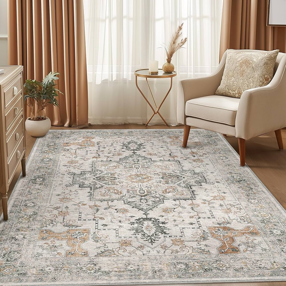 Washable Rugs 5X7 Area Rugs for Living Room, Thin Indoor Chenille Low Pile Rug for Bedroom Rug, V... | Amazon (US)